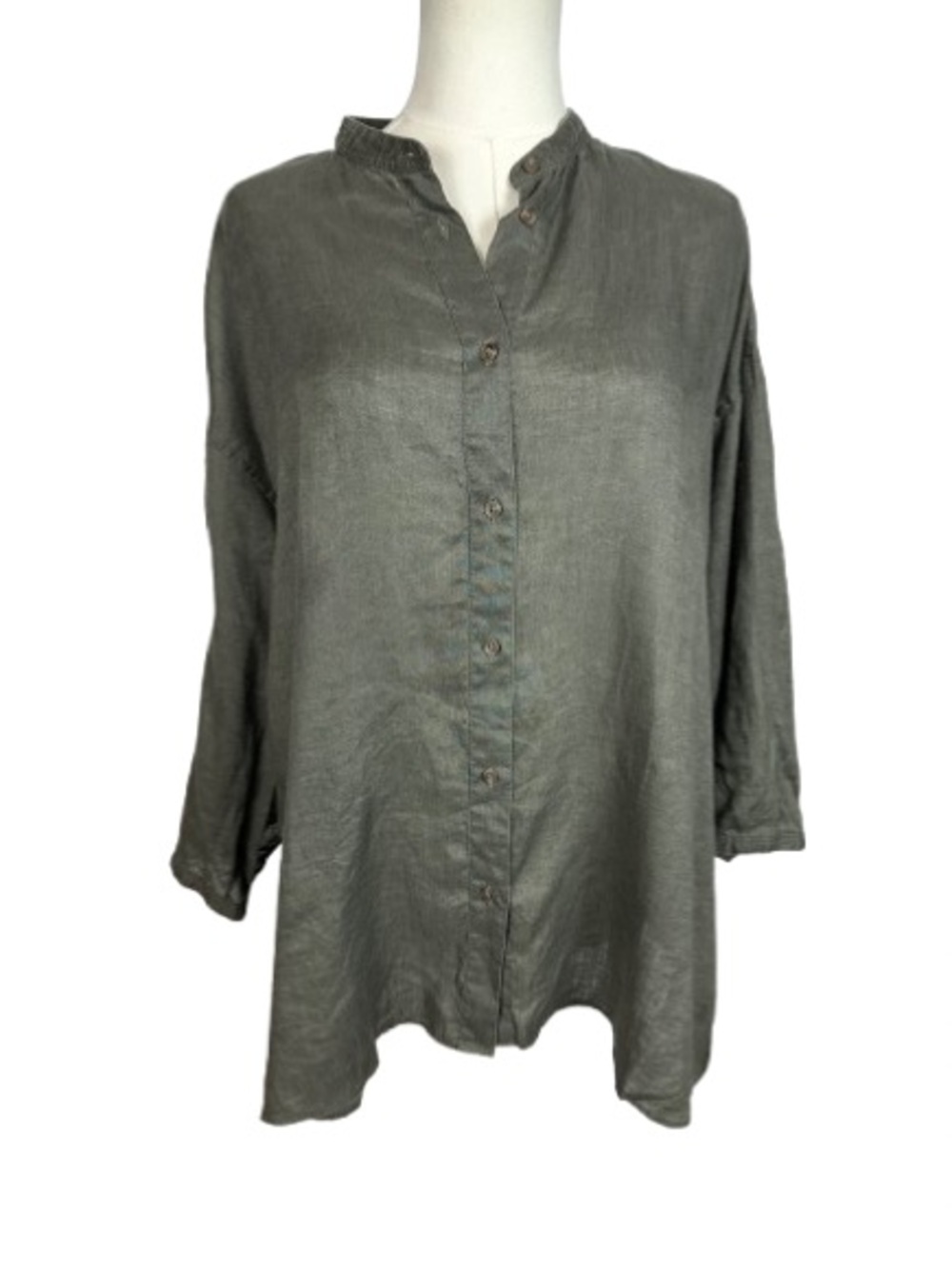 Relaxed Button-Front Linen Top - Olive Green Size XXL